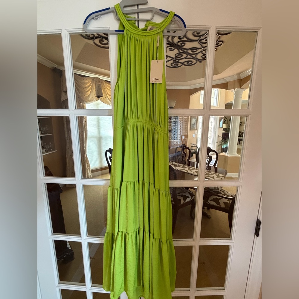 Elie Tahari Neon Lime Tiered Maxi Dress